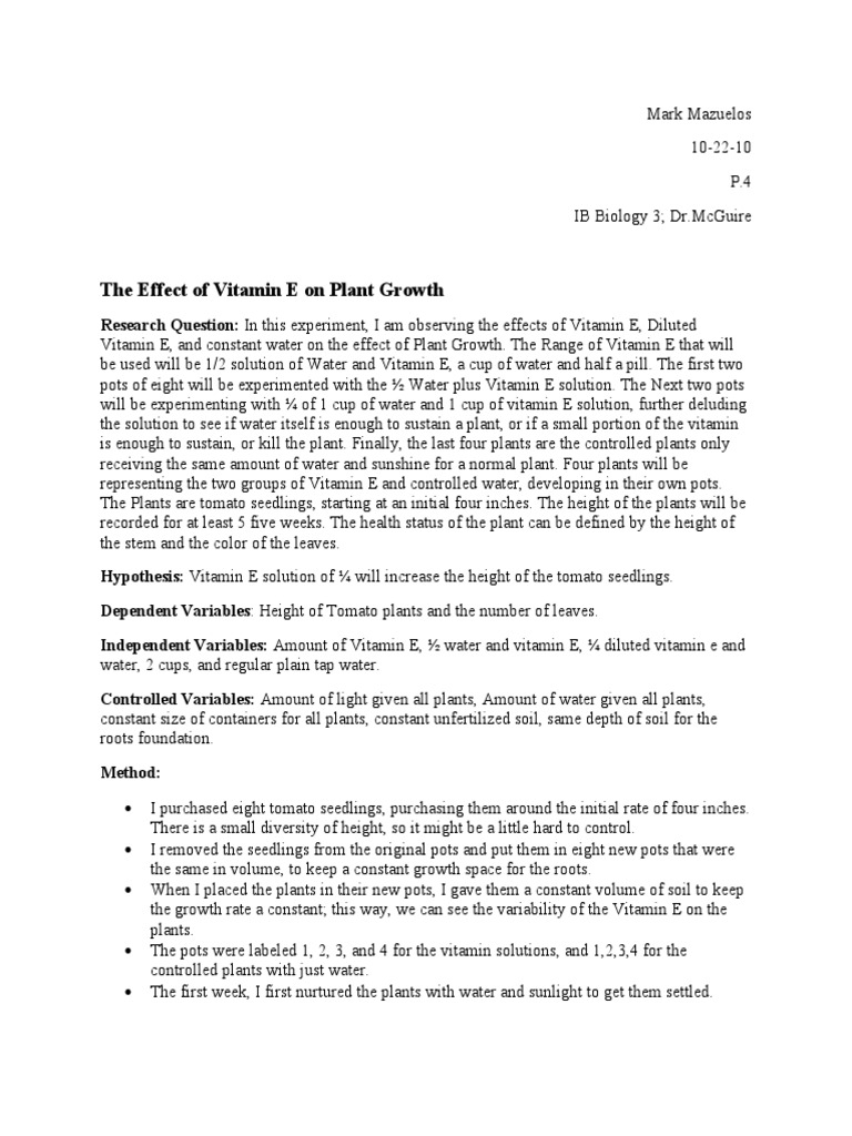 The Effect of Vitamin E On Plant Growth | PDF | Statistics | Plants
