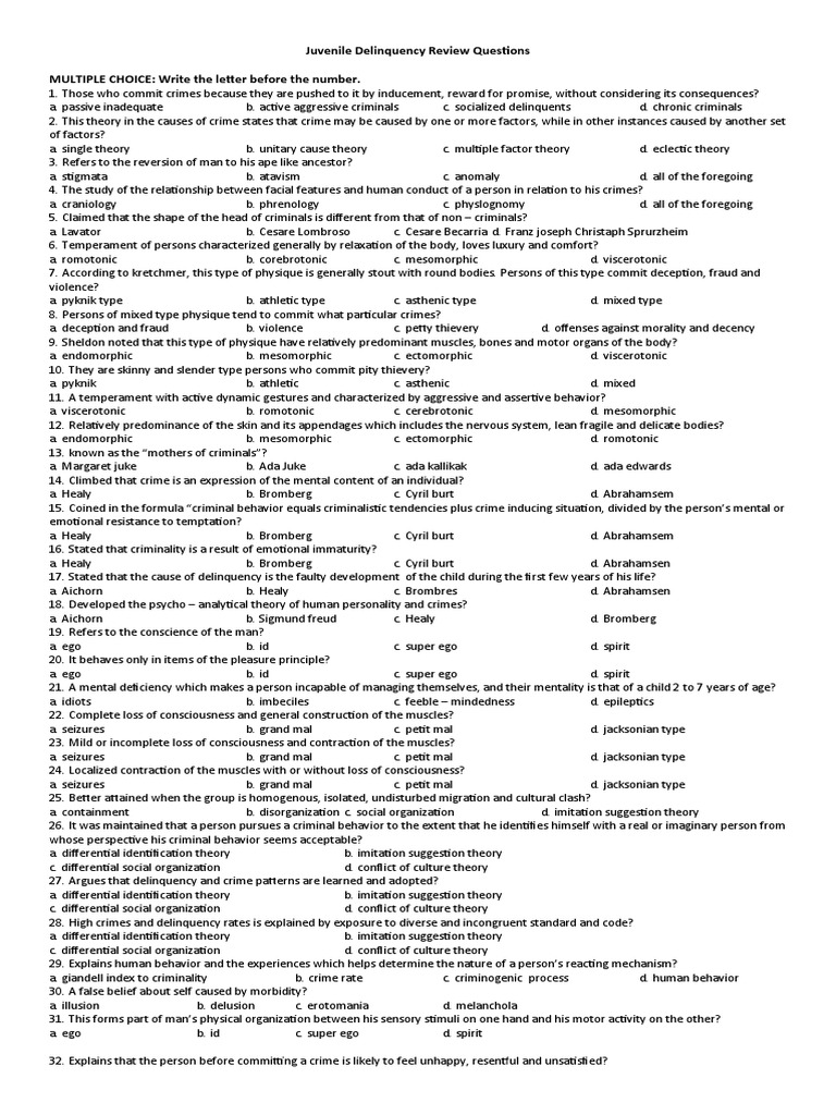Juvenile Delinquency Review Questions PDF Criminology Id