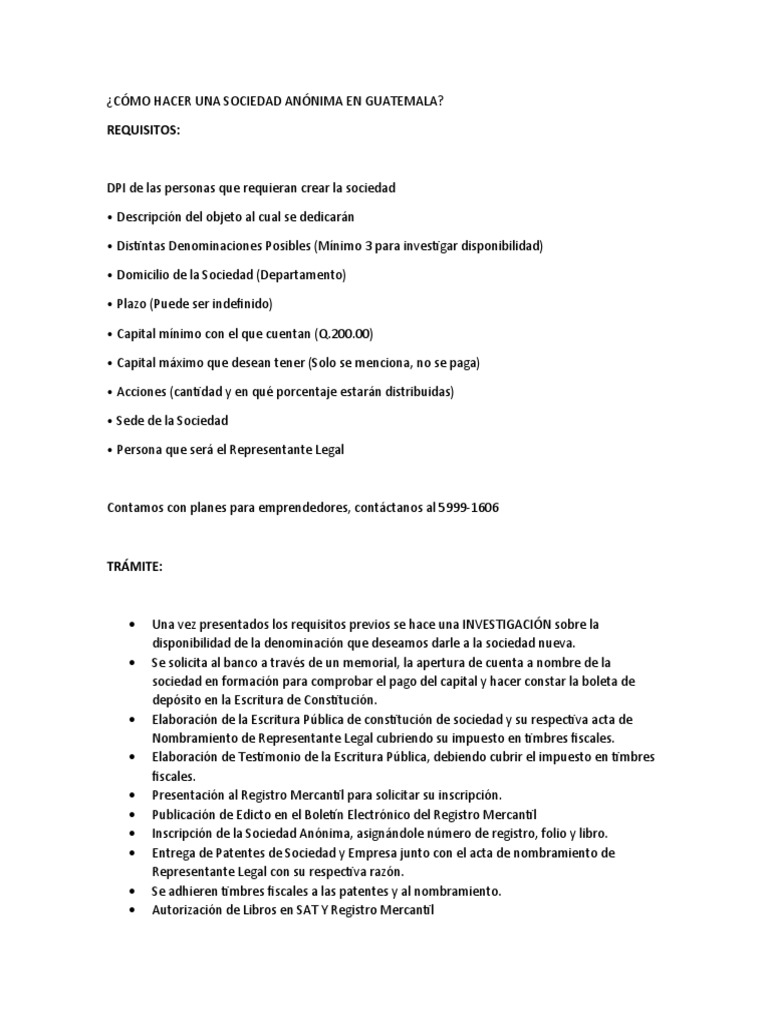 Cómo Hacer Una Sociedad Anónima en Guatemala PDF Business Gobierno