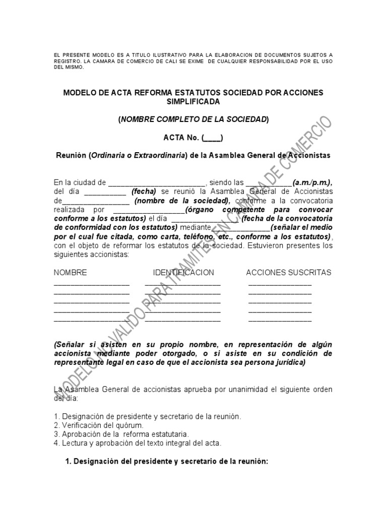 Modelo de Acta de Reforma de Estatutos SAS | PDF | Quórum | Gobierno