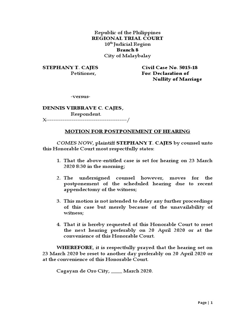 Motion to postpone hearing in case for declaration of nullity of