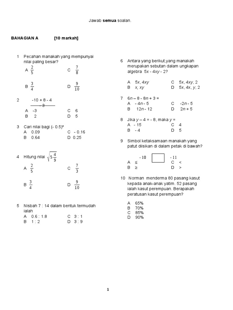 UJIAN MAC 2020 F2 MATHS Bahagian A Dan B | PDF