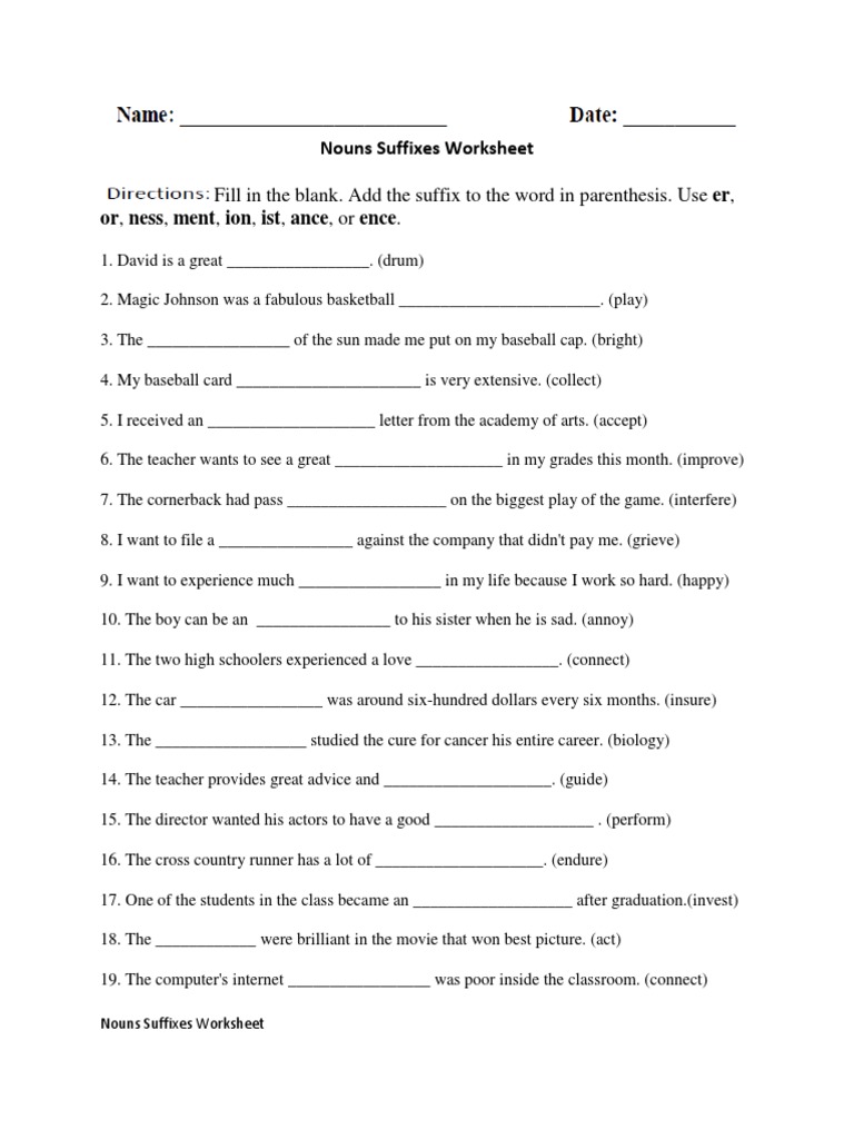 noun suffixes worksheet intermediate pdf
