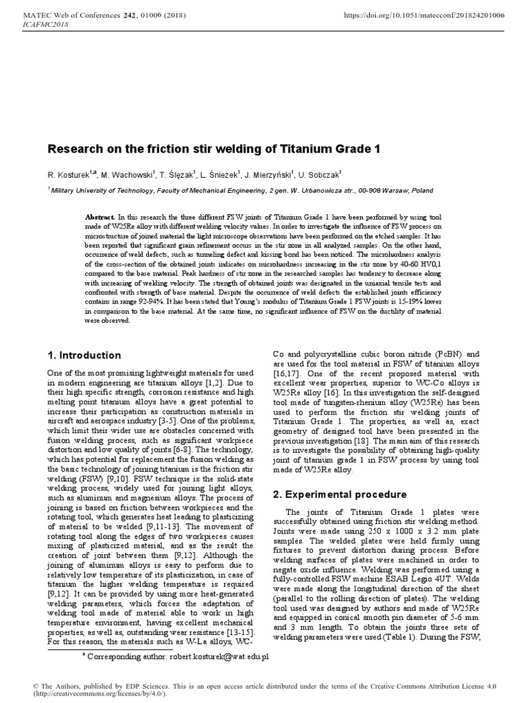 Research On The Friction Stir Welding of Titanium Grade 1 | PDF ...