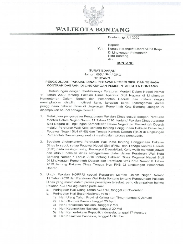 Surat Edaran Pakaian Dinas Pns Dan Tkd 2020 Pdf