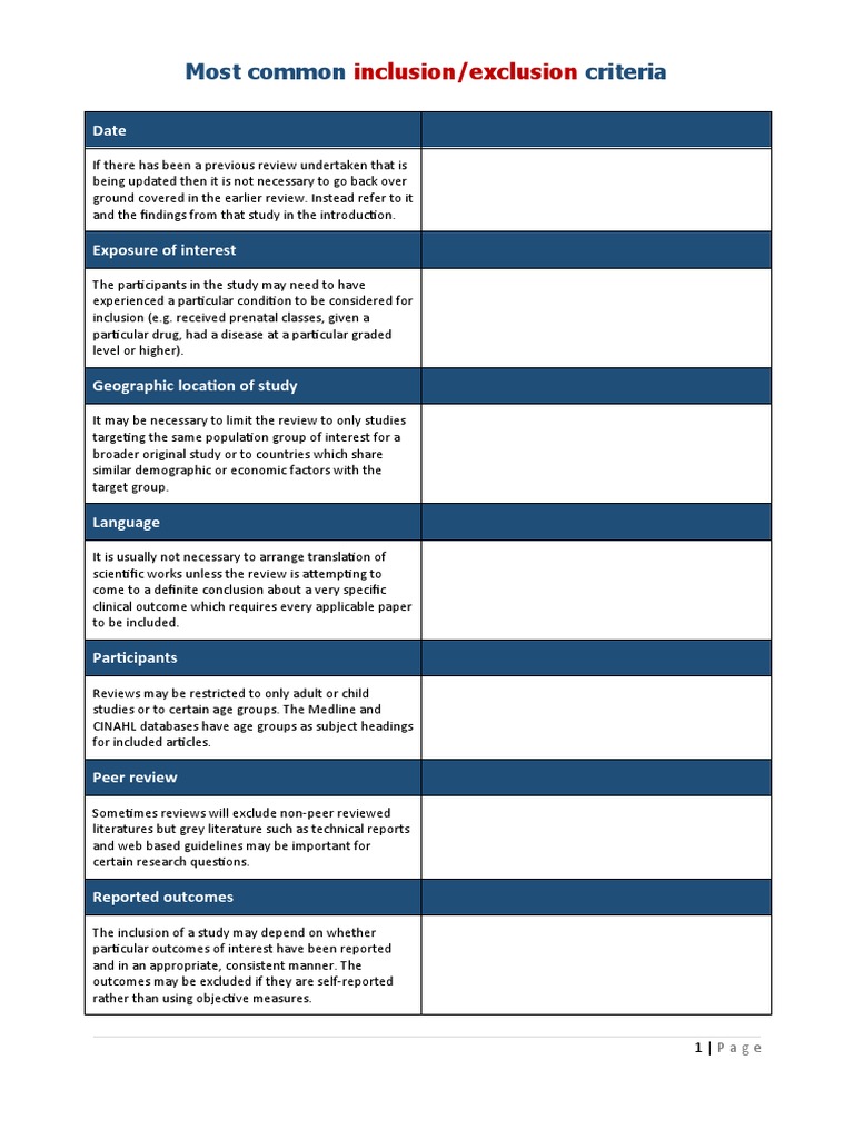 Most Common Criteria: Inclusion/exclusion | PDF | Systematic Review ...