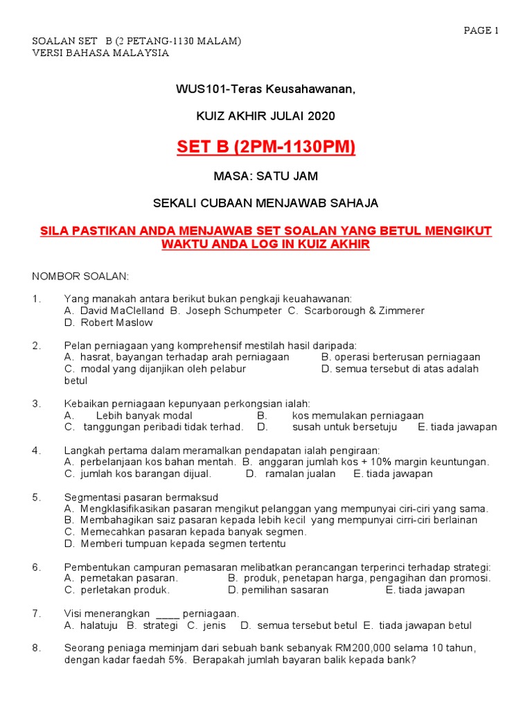 Kuiz Akhir Soalan Set B Julai 2020 Versi Bahasa Melayu Pdf
