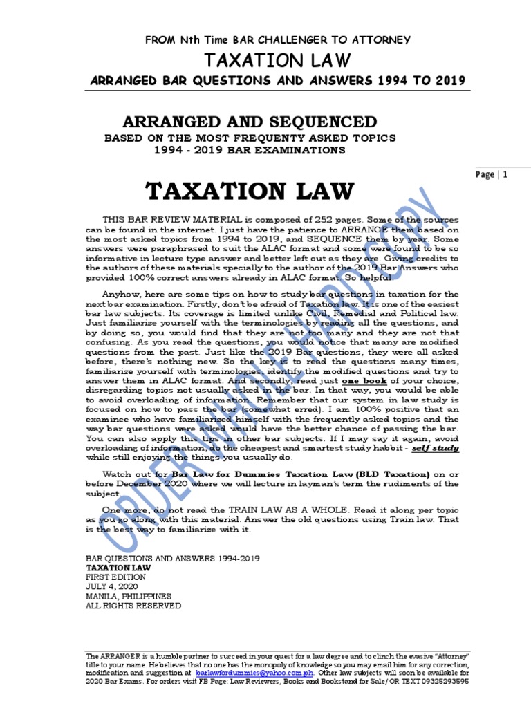 Taxation Law Bar Questions 1994-2019 | PDF | Withholding Tax | Tax ...