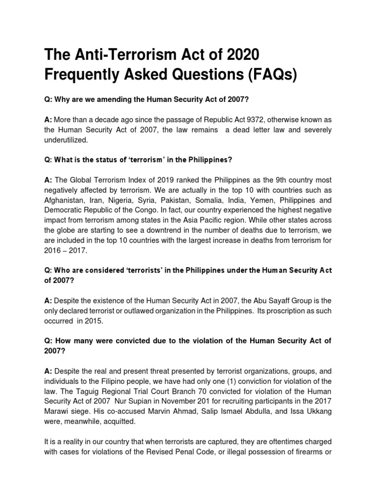 The Anti-Terrorism Act of 2020 Frequently Asked Questions (Faqs) | PDF