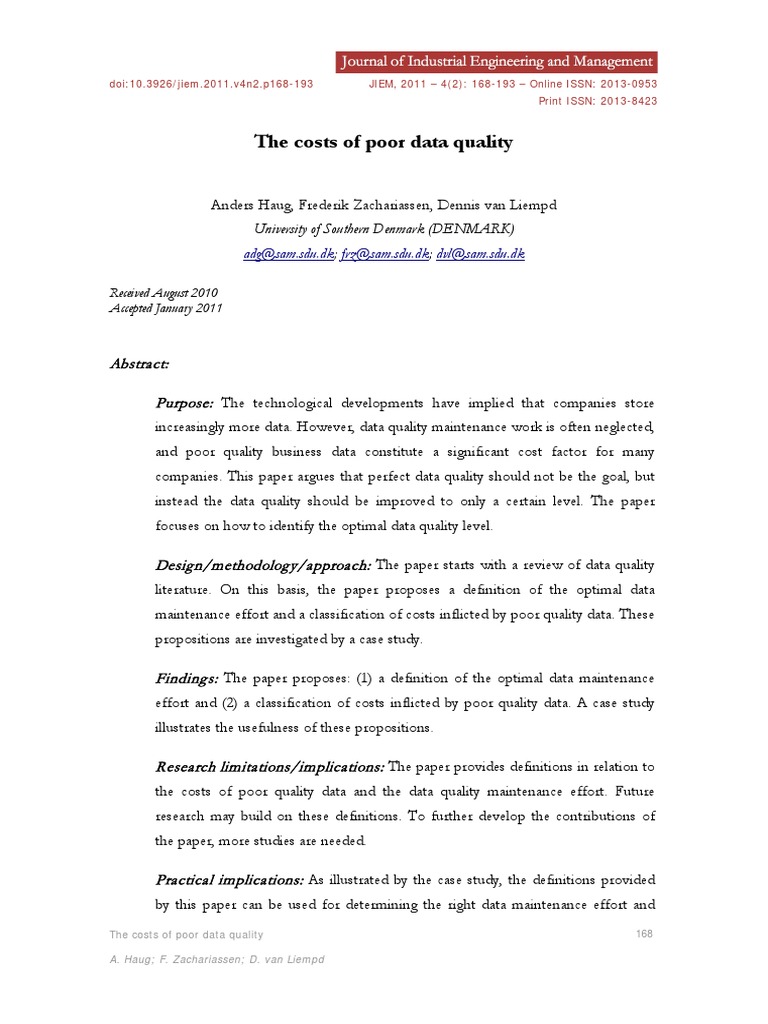 The Costs of Poor Data Quality: University of Southern Denmark (DENMARK ...