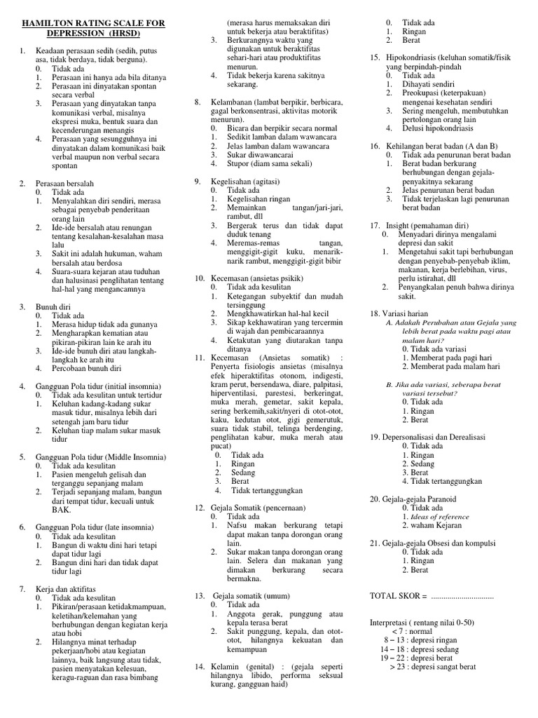 Hamilton Rating Scale For Depression PDF PDF
