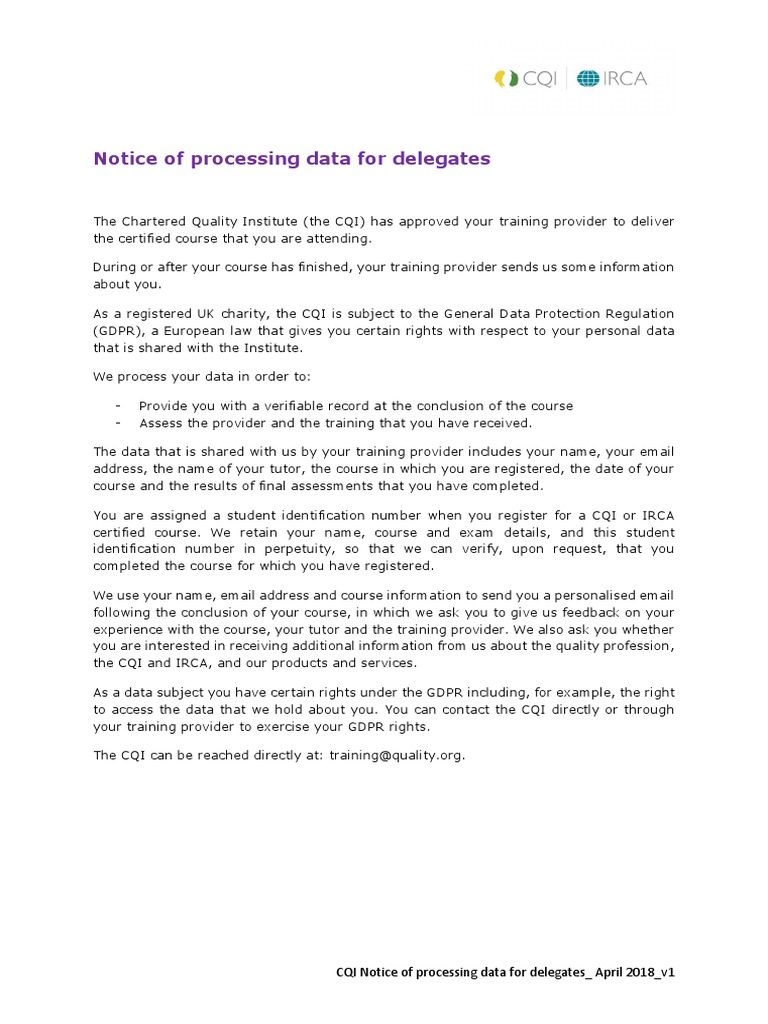 01.1 GDPR Notice of Processing Data For Delegates | PDF
