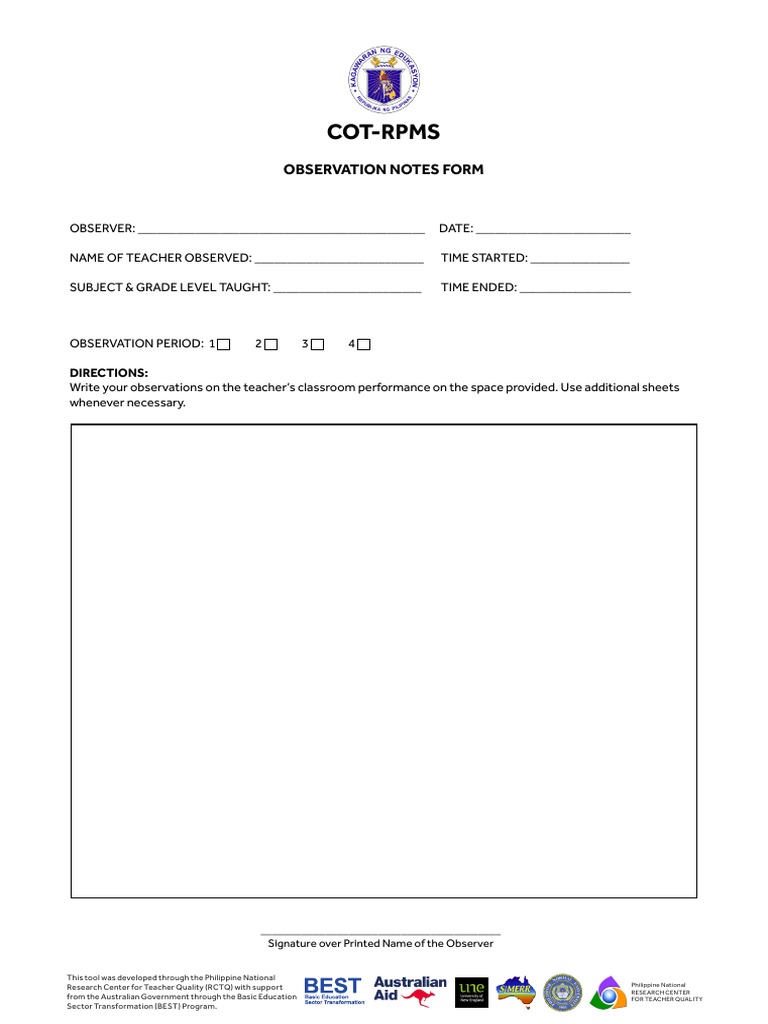 Cot-Rpms: Observation Notes Form | PDF | Career & Growth