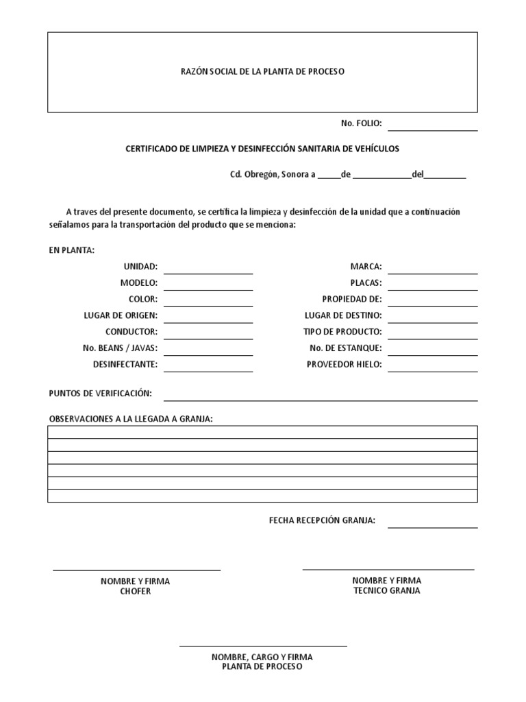 Formato (Certificado de Limpieza y Desinfeccion)