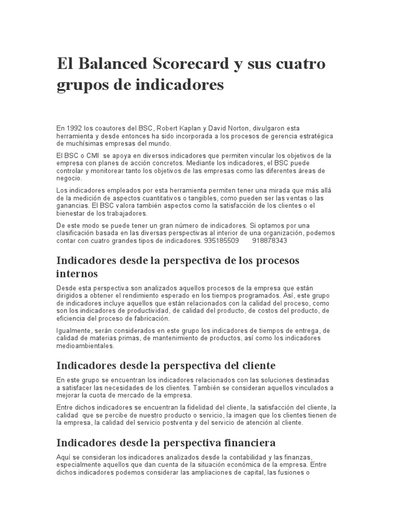 El Balanced Scorecard y Sus Cuatro Grupos de Indicadores | PDF ...