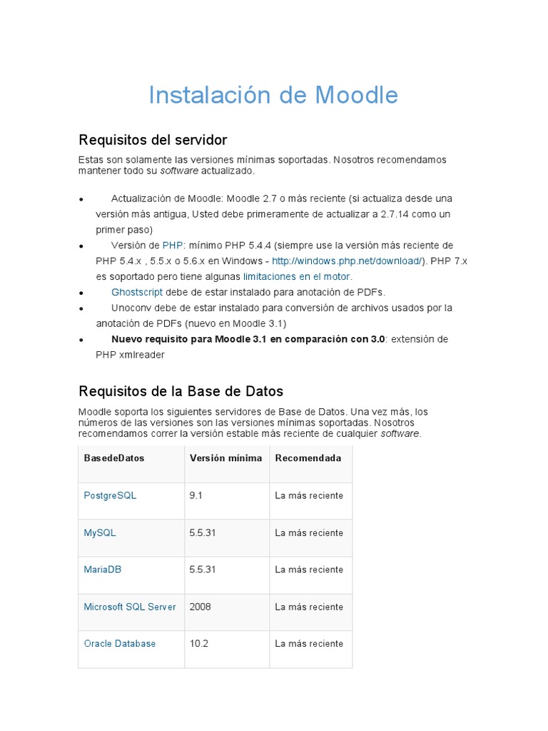 Requisitos y Guía de Instalación de Moodle | PDF | Php | Moodle