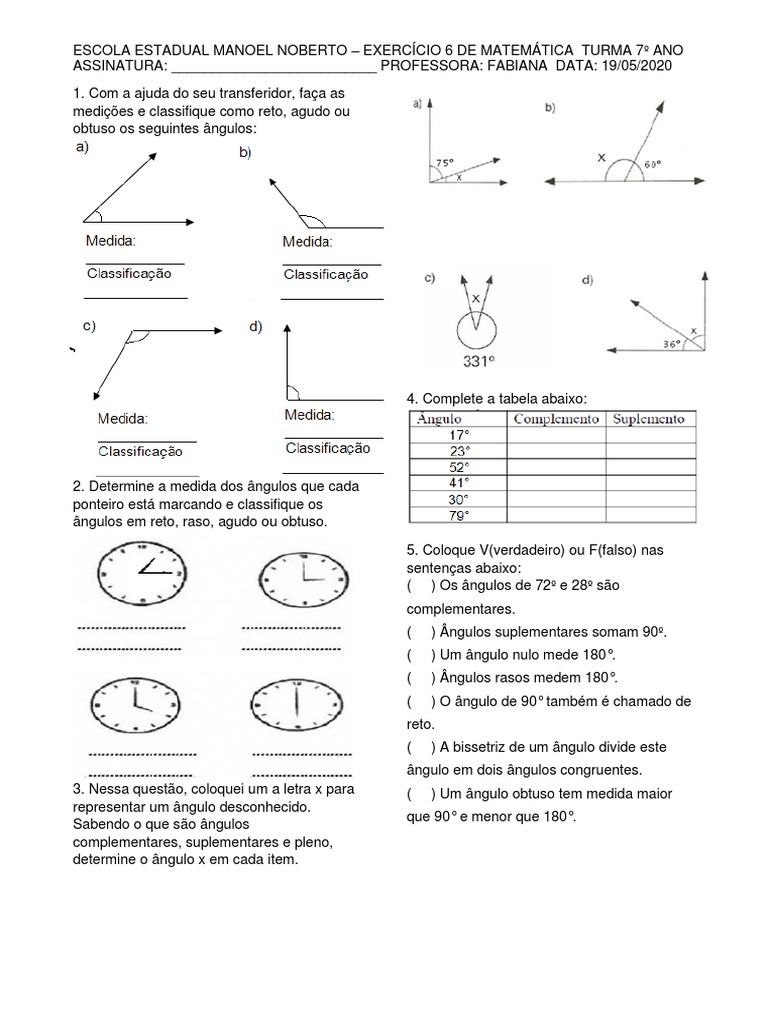 Exercícios sobre Ângulos - 7º Ano | PDF