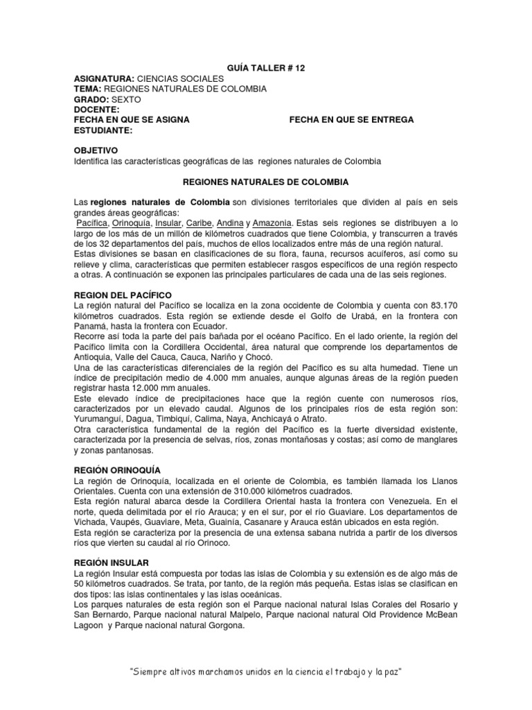 Sociales 6° Regiones Naturales de Colombia Guía 12 | PDF | Andes | Colombia