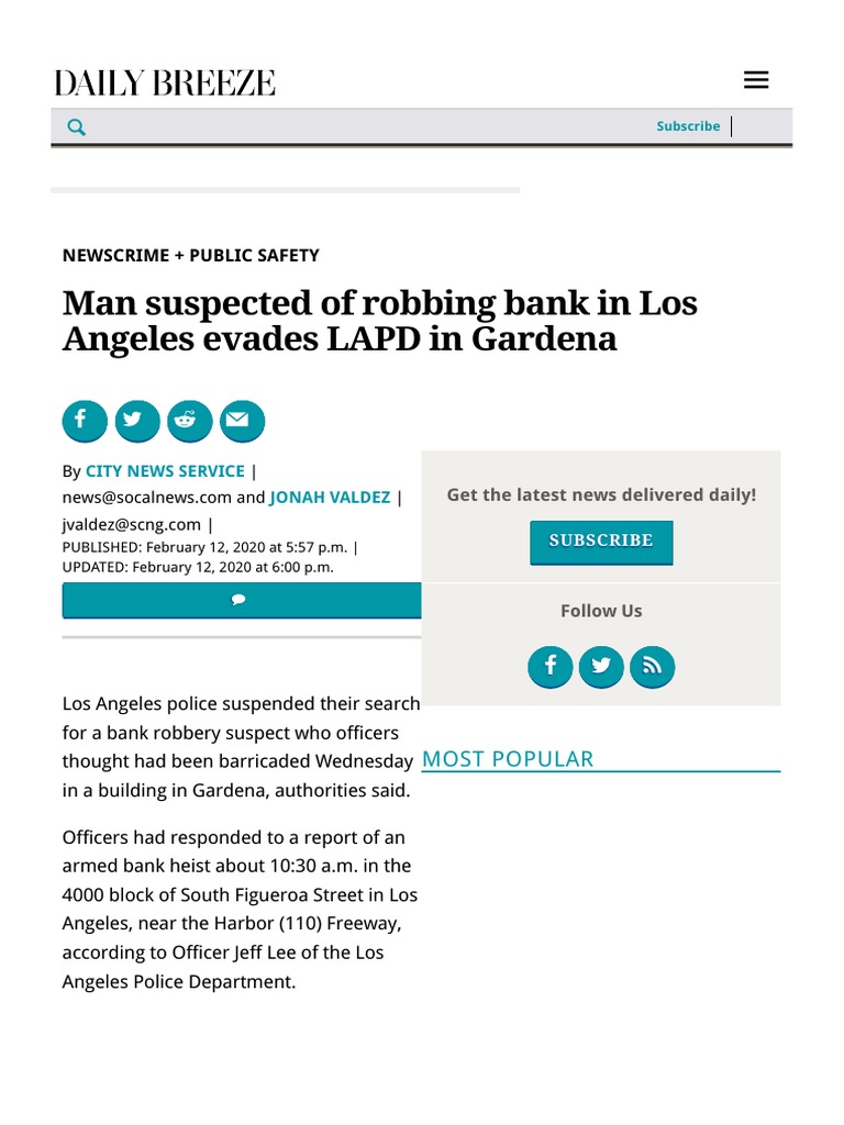Man Suspected of Robbing Bank in Los Angeles Evades LAPD in Gardena ...