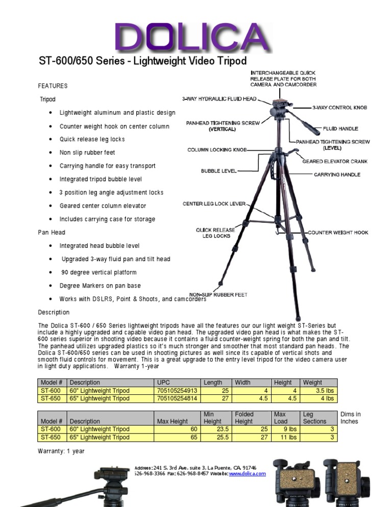 Dolica ST-600/650 Lightweight Tripods | PDF | Tripod (Photography 