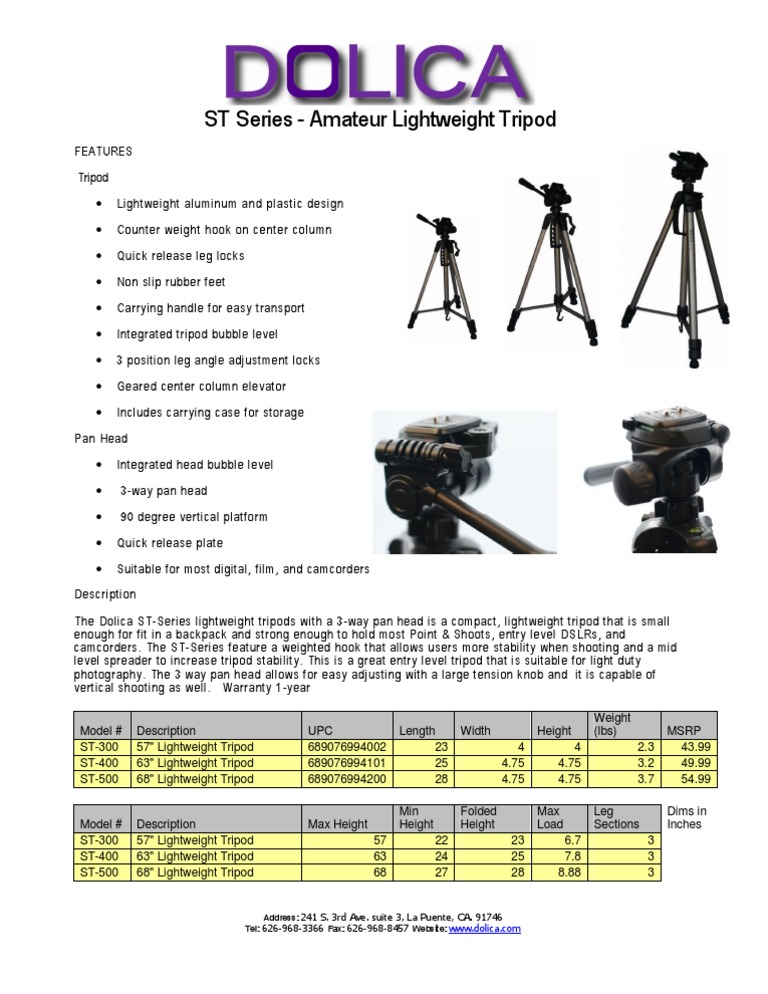 Dolica ST-Series Lightweight Tripods | PDF | Tripod (Photography 