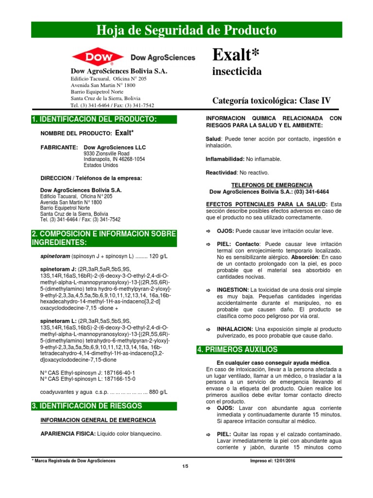 Hoja de Seguridad Exalt Insecticida | PDF | Toxicidad | Agua