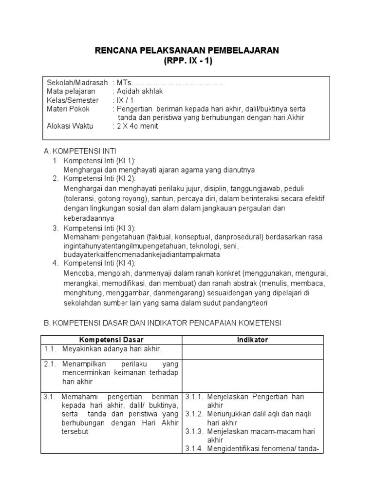 Rpp Akidah Akhlak Kelas 9