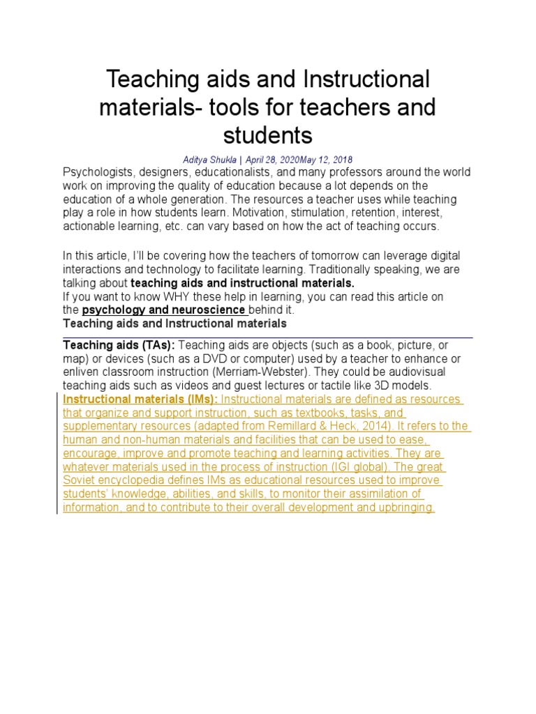 Teaching Aids and Instructional Materials Help Teachers Facilitate