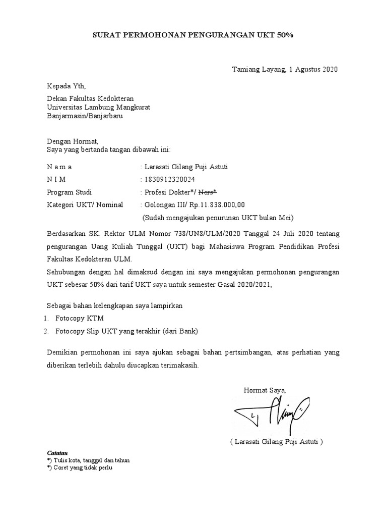 Permohonan Pengurangan Ukt 50 Ulm Pdf Pengembangan Diri Sains 