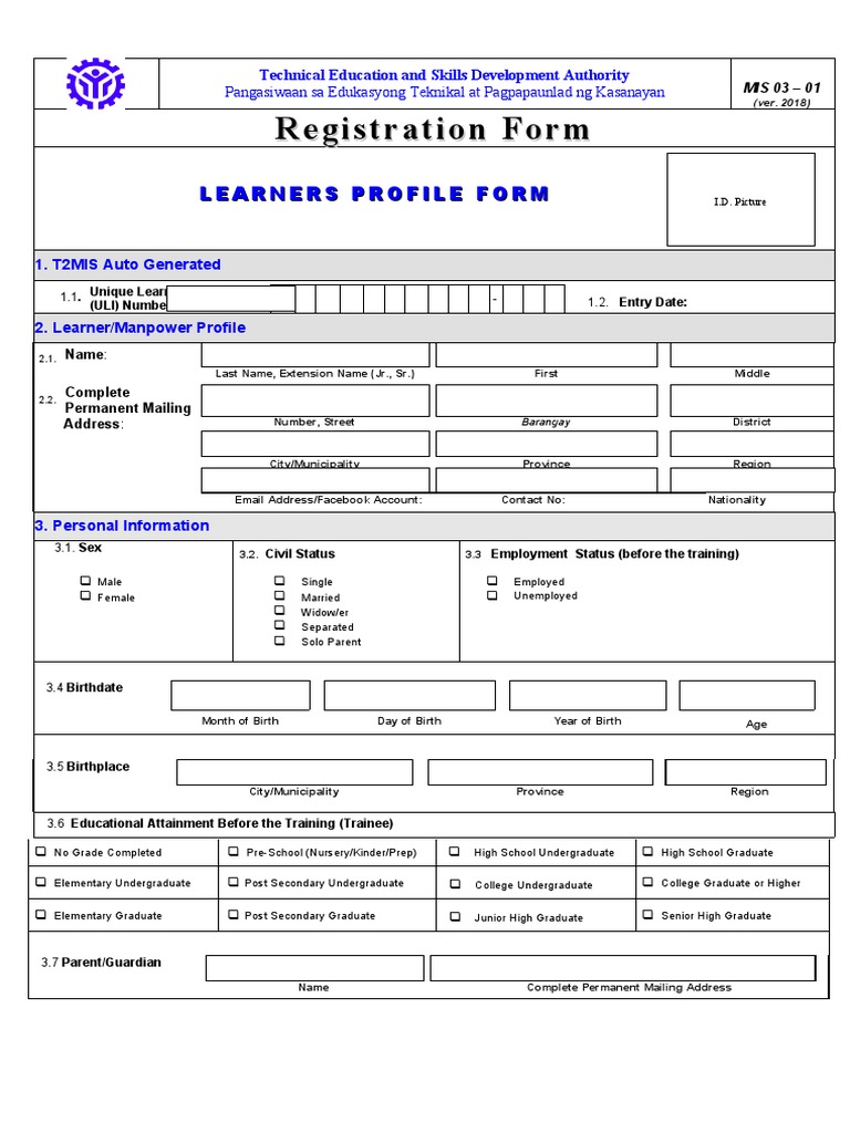 TESDA MIS 03-01 Registration Form | PDF | Students | Disability