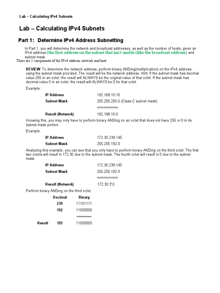 Lab: IPv4 Subnet Calculation Guide | PDF | Ip Address | Communications ...