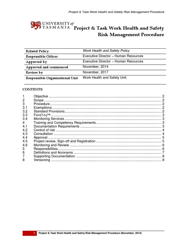 Project & Task Work Health and Safety Risk Management Procedure | PDF ...