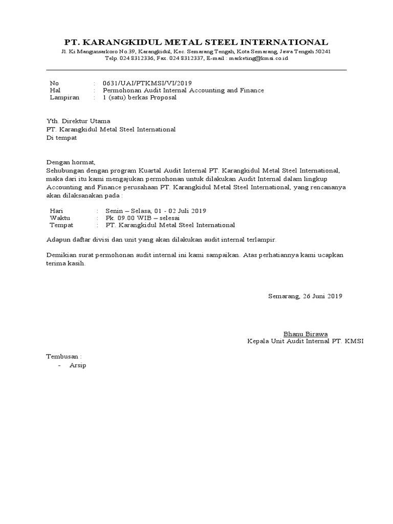 Contoh Surat Permohonan Audit Internal Finansial Perusahaan Manufaktur