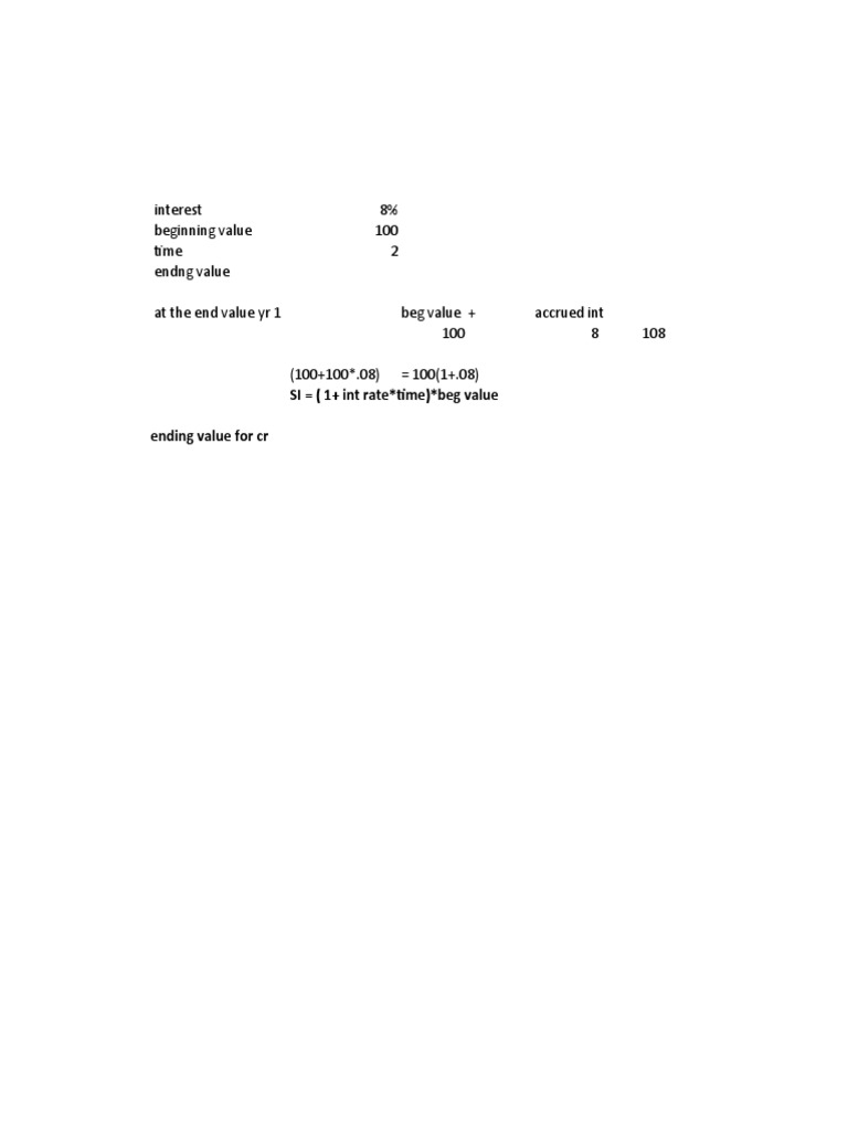 Interest 8% Beginning Value 100 Time 2 Endng Value at The End Value Yr ...
