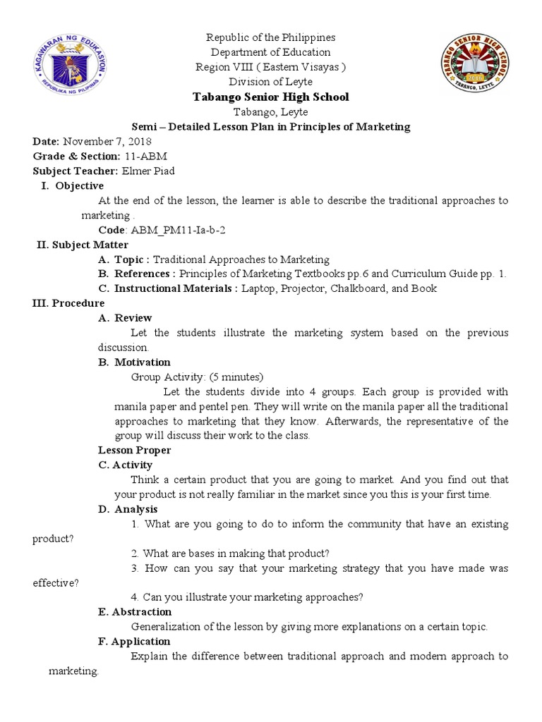 Semi-Detailed Lesson Plan: Marketing | PDF | Lesson Plan | Education Theory