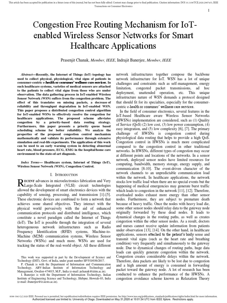 Congestion Control in IoT Healthcare WSNs | PDF | Wireless Sensor ...