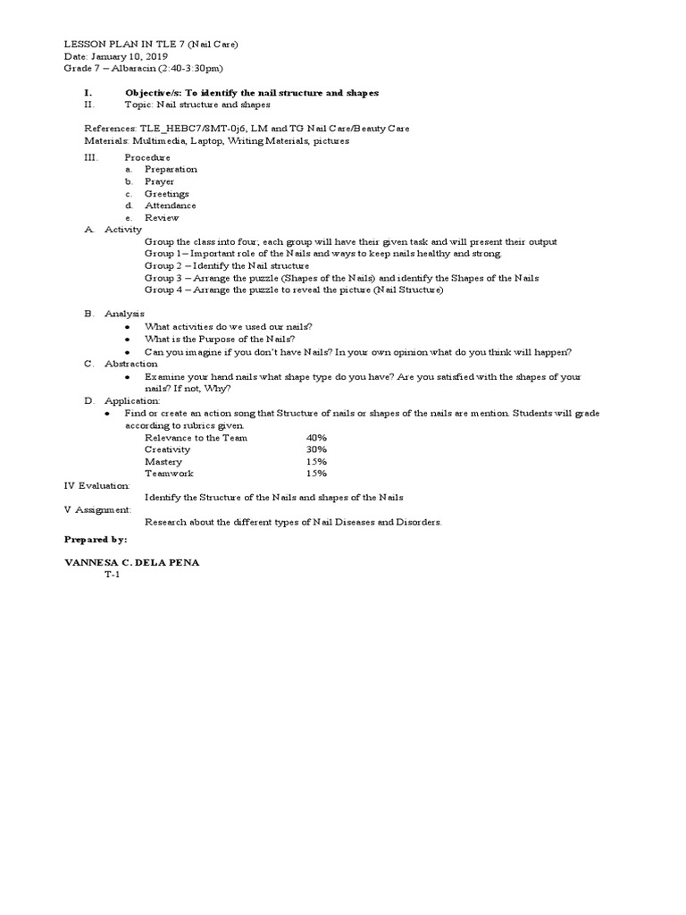 Nail Care Lesson Plan for Grade 7 | PDF