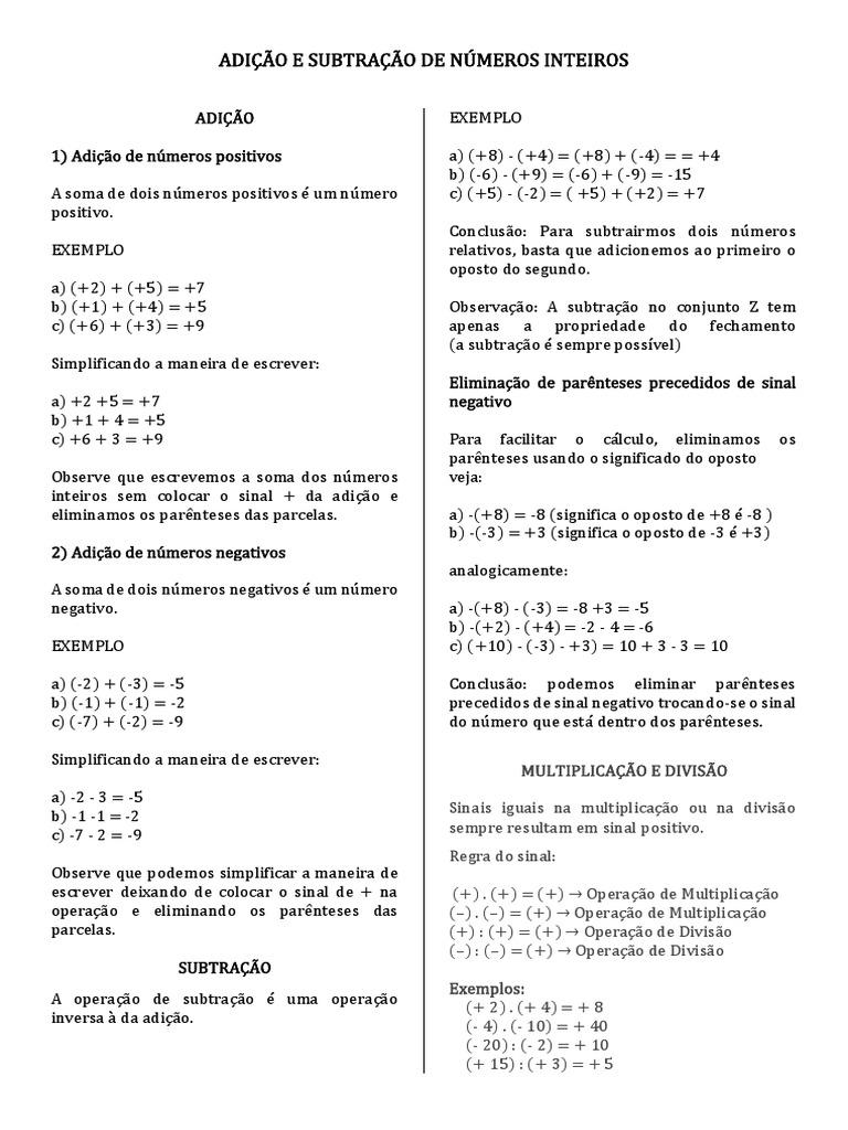 Adição e Subtração de Números Inteiros | PDF | Número inteiro | Divisão ...