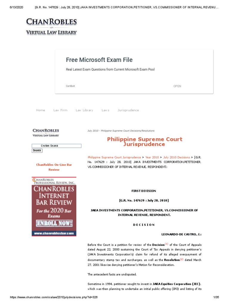Jaka Investments Corporation v. CIR, G.R. No. 147629, 2010 PDF