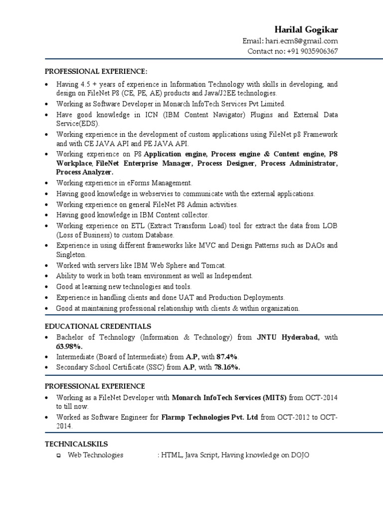 FileNet Developer Resume: Harilal Gogikar | PDF | Databases | Résumé
