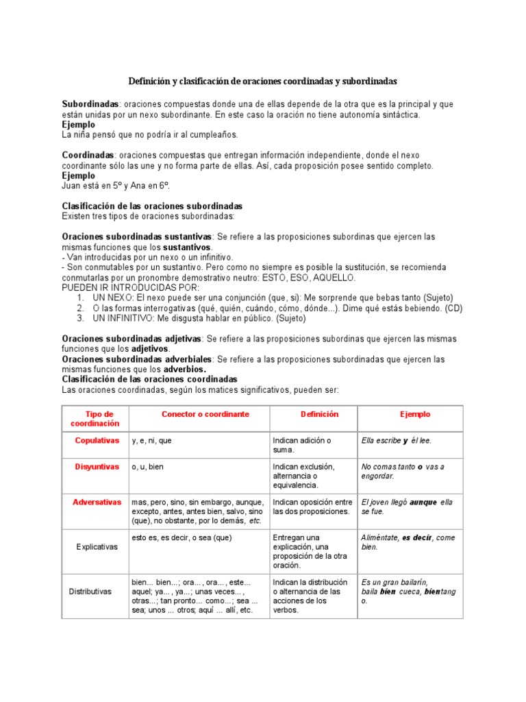 Definición y Clasificación de Oraciones Coordinadas y Subordinadas ...