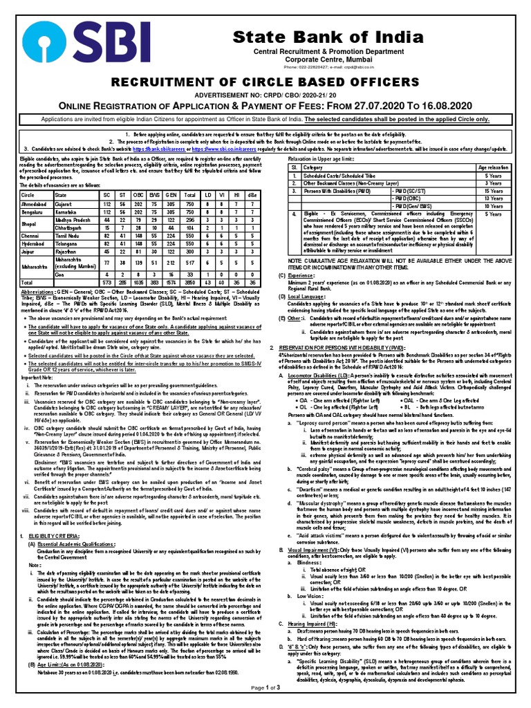 SBI Circle Based Officer Recruitment 2020 | PDF | Image Scanner ...