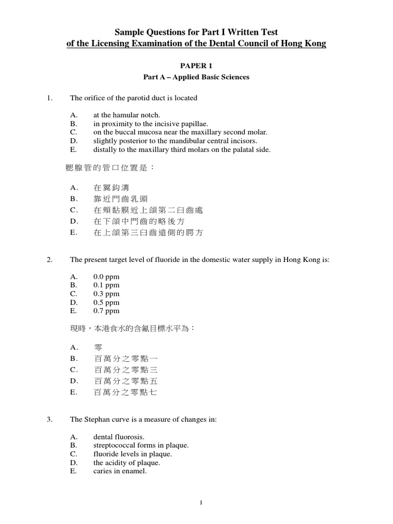 Sample Questions For Part I Written Test of The Licensing Examination
