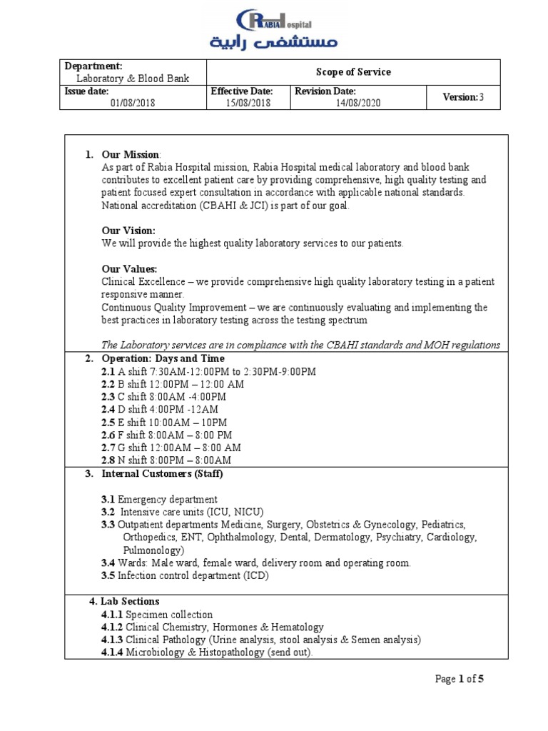 001 Laboratory Scope of Service PDF Medical Laboratory Pathology