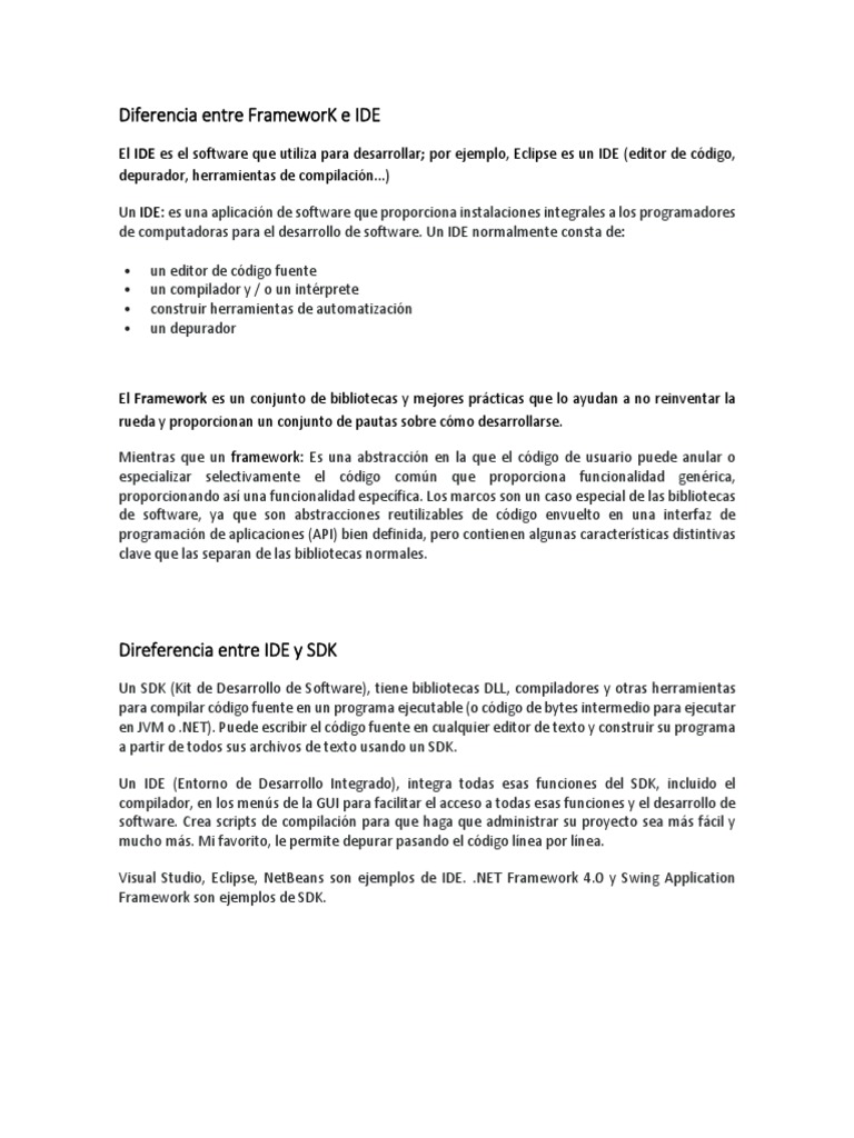 Diferencias entre IDE, Framework y SDK | PDF | Entorno de desarrollo ...