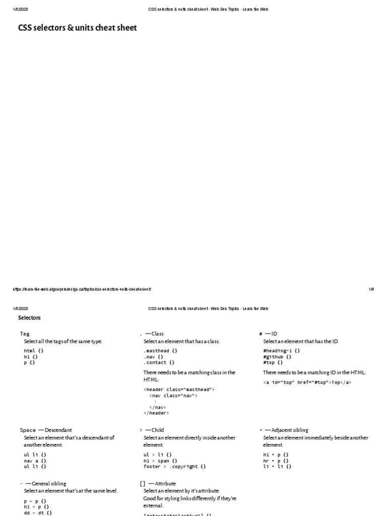 CSS Selectors & Units Cheat Sheet Web Dev Topics Learn The Web | PDF ...
