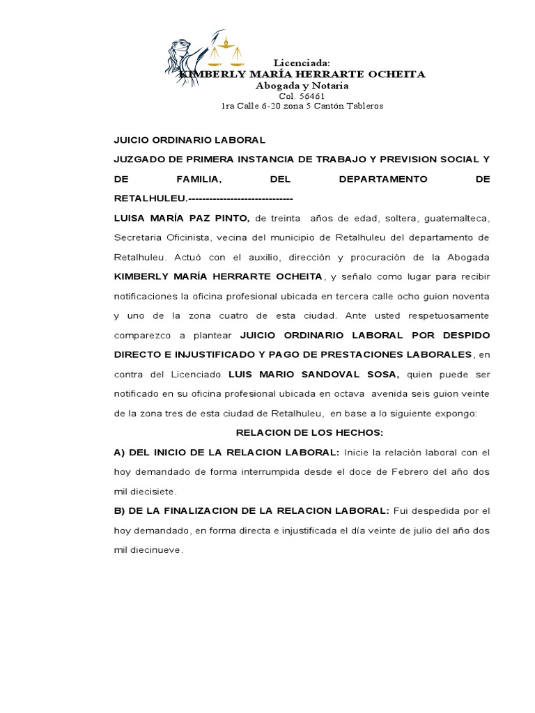 Juicio Ordinario Laboral De Despido Directo E Injustificado Y Pago De