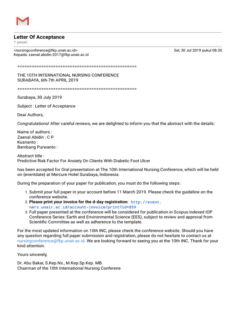 Acceptance Letter for Nursing Conference | PDF