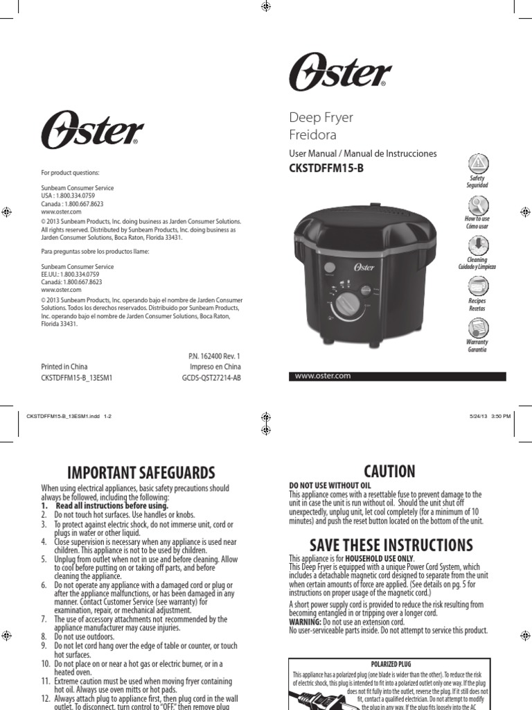 Oster Deep Fryer Freidora Manual de Usuario PDF Ac Power Plugs And