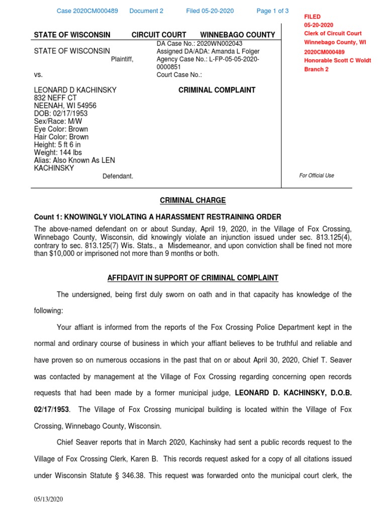 State of Wisconsin v. Leonard Kachinsky - 2020CM489 | PDF | Wisconsin ...